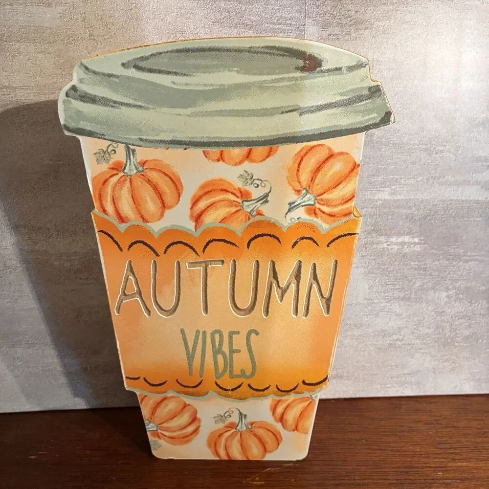 Set Of Fall Decoration. Wooden cup AUTUMN VIBES, Candle In Mug, Dish Towels NEW